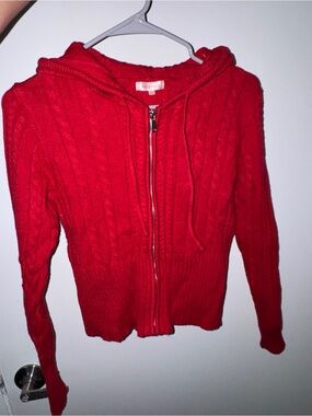 Red Cable-Knit Zip Hoodie Sweater